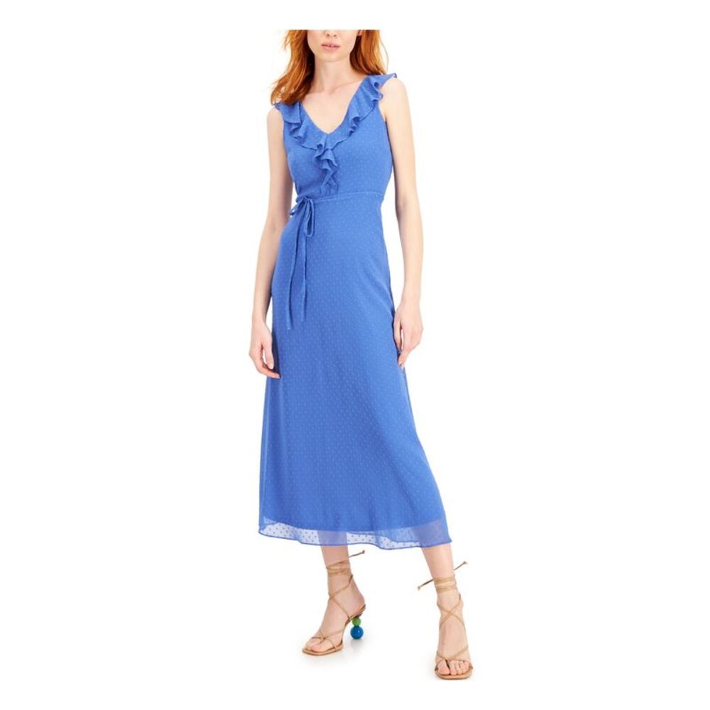 INC DRESS Womens Blue Belted V Neck Maxi Fit + Flare Dress 16
